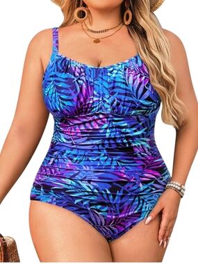 AQUA EVE - 22W Leaf Print Blue & Purple Tank One-Piece Swimsuit